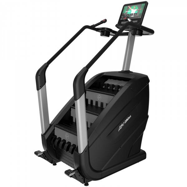 Perspective view of the Life Fitness Integrity+ PowerMill Climber with the Discover SE4 Console 16" in Arctic Silver