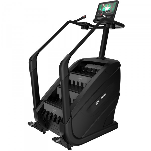 Perspective view of the Life Fitness Integrity+ PowerMill Climber with the Discover SE4 Console 16" in Smooth Charcoal