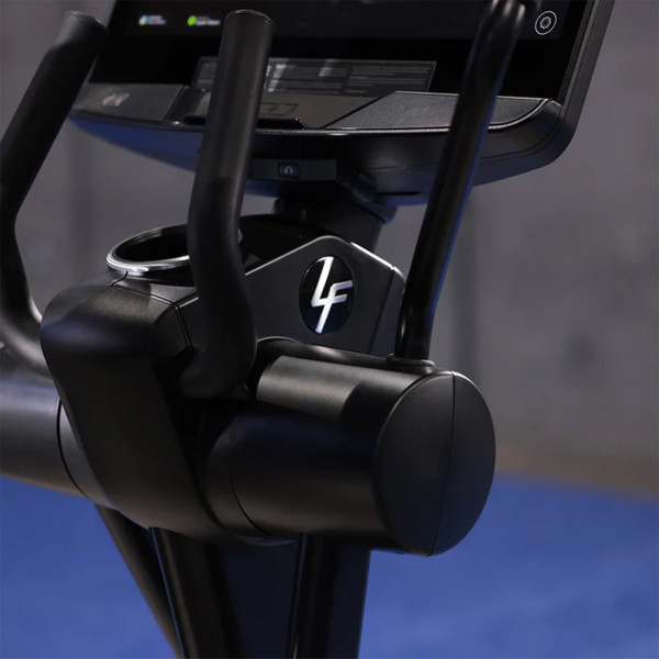 Close-up of the handle and console area of the Life Fitness Club Series Plus Elliptical Cross Trainer. 