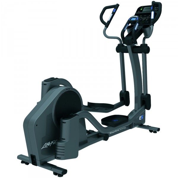 Right diagonal perspective of the Life Fitness E5 Elliptical Cross Trainer
