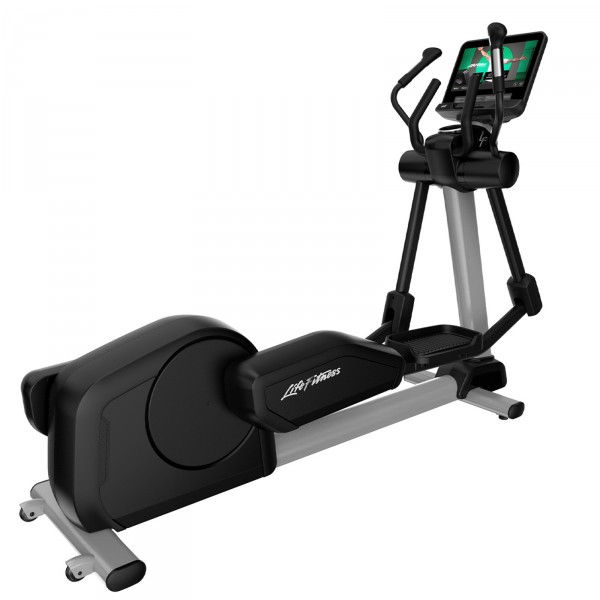 Perspective view of Life Fitness Integrity+ Cross Trainer with Discover SE4 Console 16" in Arctic Silver
