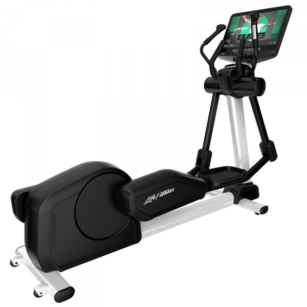 Perspective view of Life Fitness Integrity+ Treadmill with Discover SE4 Console 24" in Diamond White