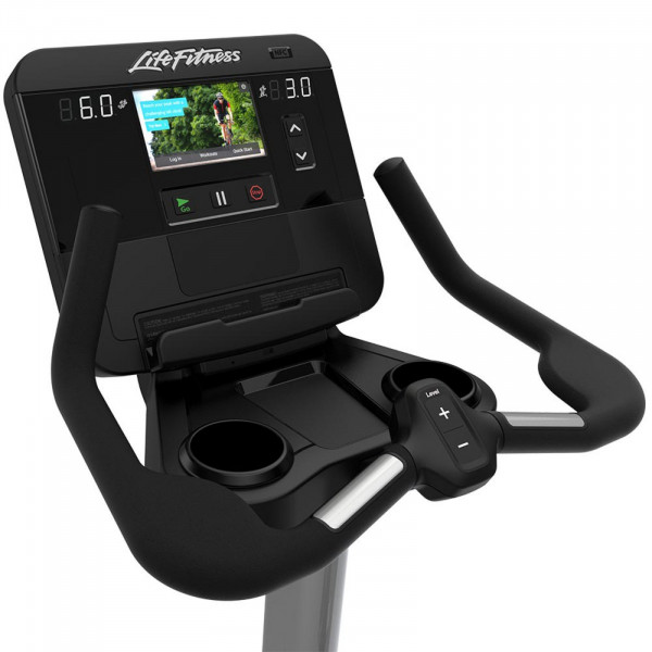 Close-up of the SL LED console on the Life Fitness Club Series Plus Upright Exercise Bike.