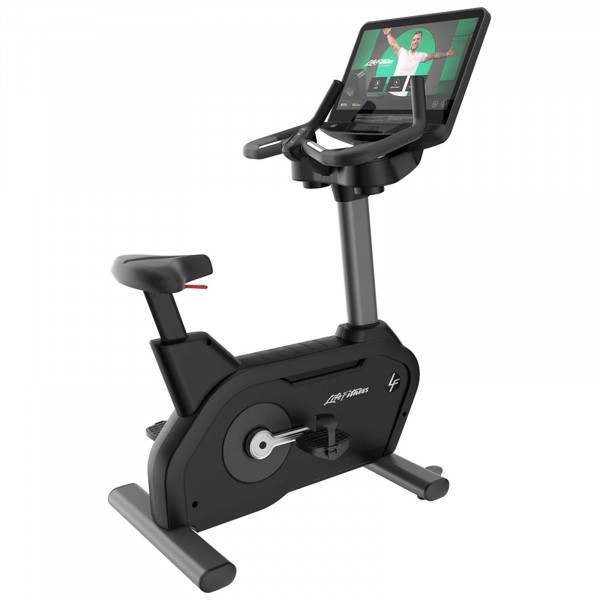 Angled view of the Life Fitness Club Series Plus Upright Exercise Bike with the 24" SE4 touchscreen console.