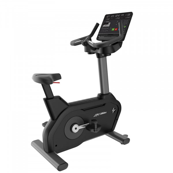 Angled view of the Life Fitness Club Series Plus Upright Exercise Bike with the SL LED console.