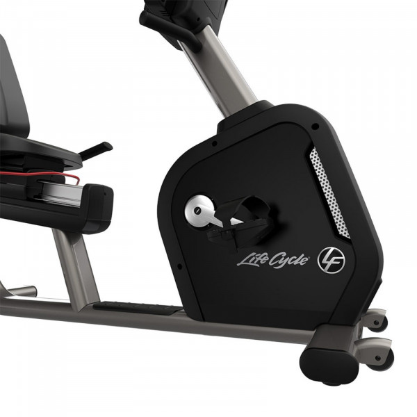 Close-up view of the pedals on the Life Fitness Club Series Plus Recumbent Exercise Bike.