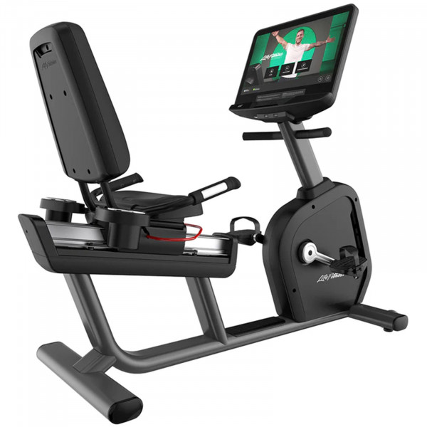 Angled view of the Life Fitness Club Series Plus Recumbent Exercise Bike with the SE4 24" touchscreen console.
