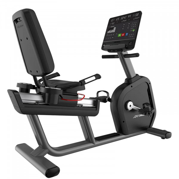 Angled view of the Life Fitness Club Series Plus Recumbent Exercise Bike with the SL LED console.
