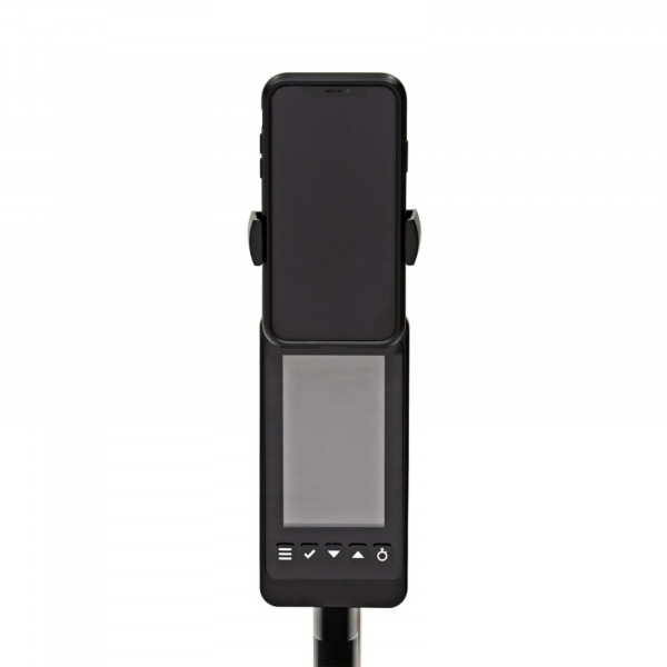 Close-up of the Life Fitness Heat Performance Row TFT 2.0 Console with phone holder