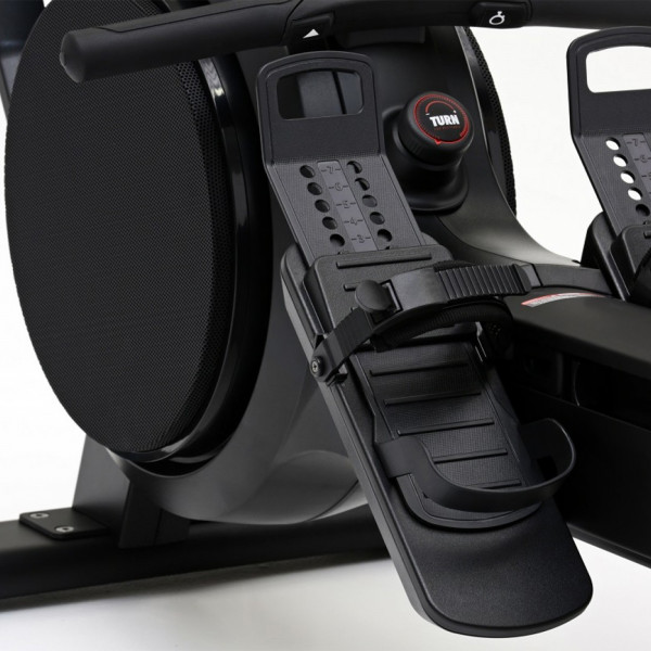 Close-up of the Life Fitness Heat Performance Row footplates and straps