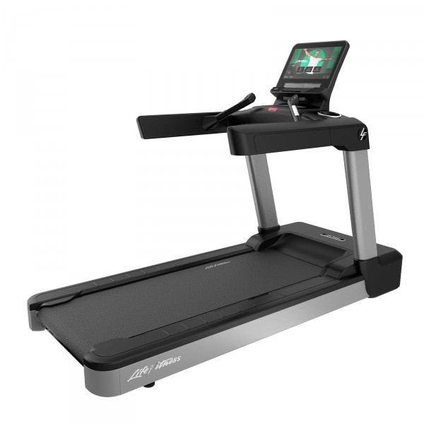Perspective view of Life Fitness Integrity+ Treadmill with Discover SE4 Console 16" in Arctic Silver