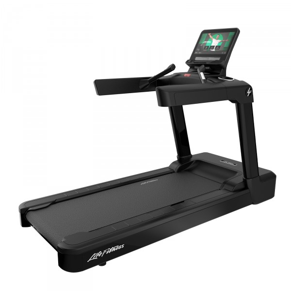Perspective view of Life Fitness Integrity+ Treadmill with Discover SE4 Console 16" in Black Onyx