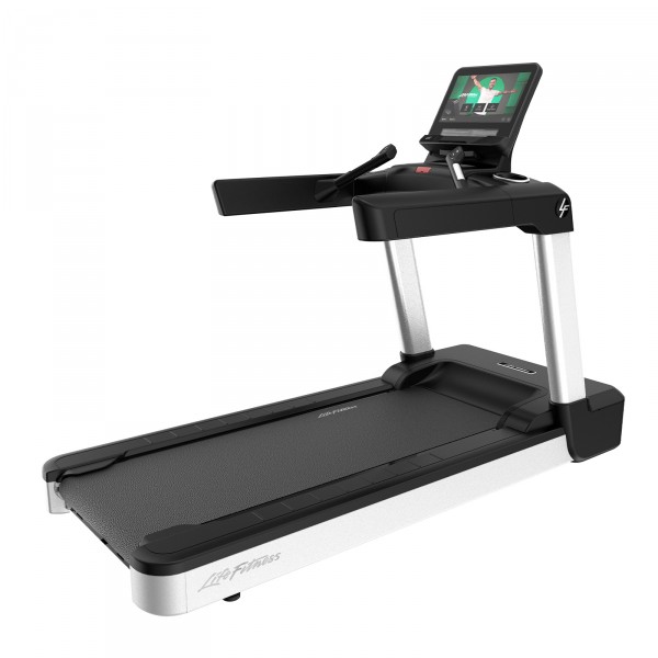 Perspective view of Life Fitness Integrity+ Treadmill with Discover SE4 Console 16" in Diamond White