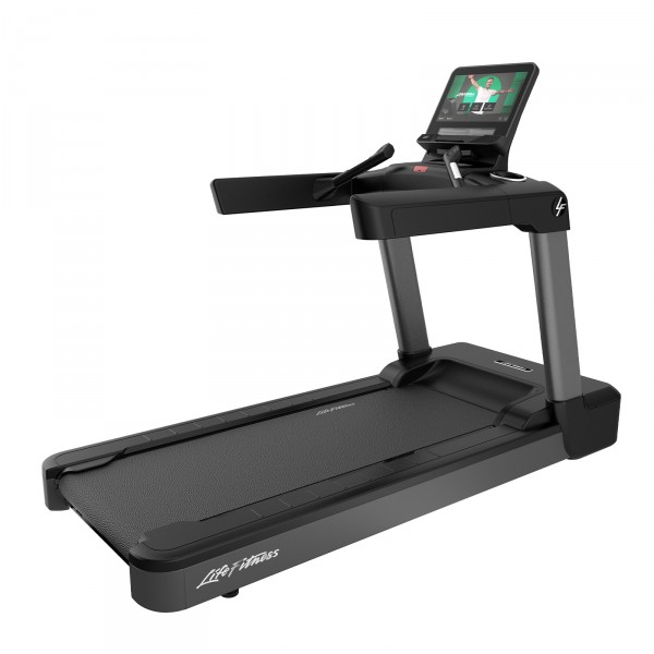 Perspective view of Life Fitness Integrity+ Treadmill with Discover SE4 Console 16" in Titanium Storm