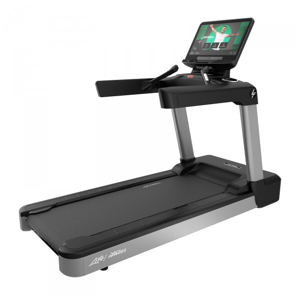 Perspective view of Life Fitness Integrity+ Treadmill with Discover SE4 Console 24" in Arctic Silver