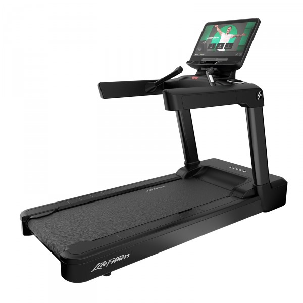 Perspective view of Life Fitness Integrity+ Treadmill with Discover SE4 Console 24" in Black Onyx
