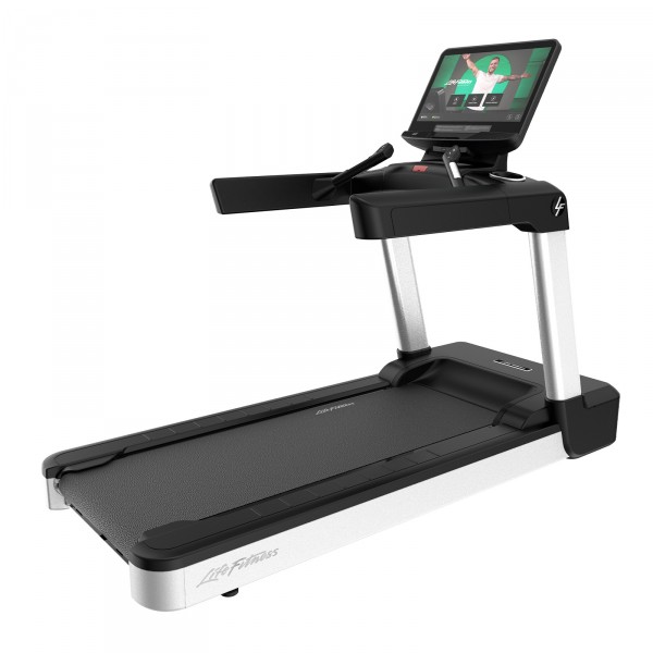 Perspective view of Life Fitness Integrity+ Treadmill with Discover SE4 Console 24" in Diamond White