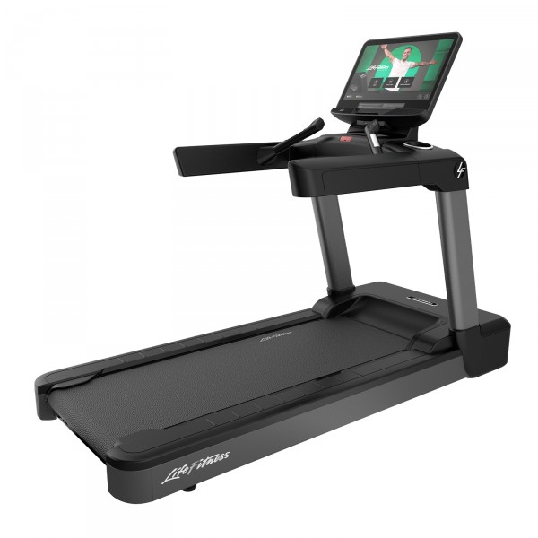 Perspective view of Life Fitness Integrity+ Treadmill with Discover SE4 Console 24" in Titanium Storm