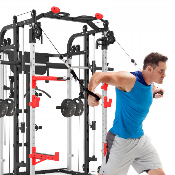 Image of the Marcy SM-4500 Smith Cage Power Rack - Model performing cable flies