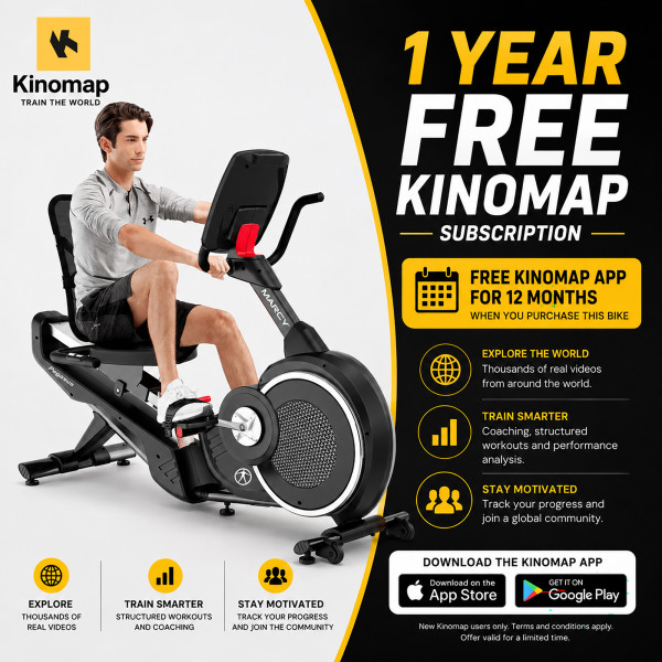 Promotional banner showing a model cycling on the Marcy Pegasus Premium Home Recumbent Bike and a free 1-year Kinomap app subscription offer