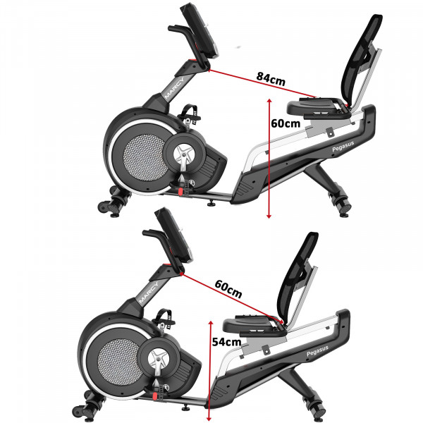 Marcy Pegasus Premium Home Recumbent Bike showing seat reach and riding position measurements