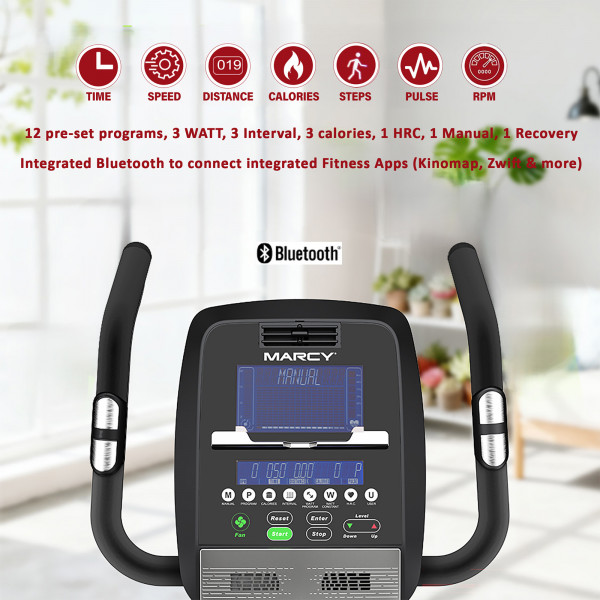 Console on the Marcy Pursuit Premium Home Upright Bike with workout programmes, fitness tracking and Bluetooth connectivity