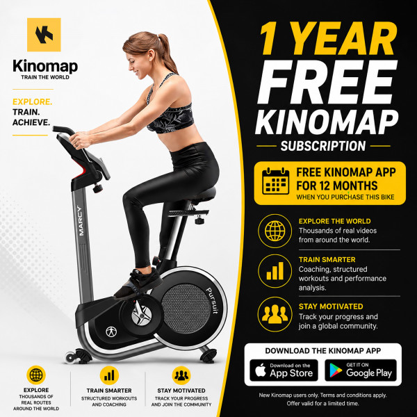 Promotional banner showing a model cycling on the Marcy Pursuit Premium Home Upright Bike and a free 1-year Kinomap app subscription offer