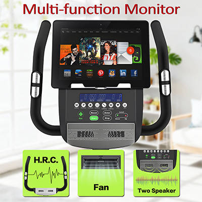 Multi-function monitor on the Marcy Pursuit Premium Home Upright Bike with tablet holder, fan and speakers 