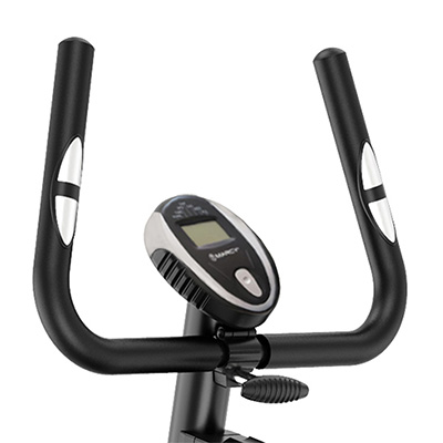 Close-up of the LCD console and handlebars on the Marcy Arrow Compact Upright Exercise Bike