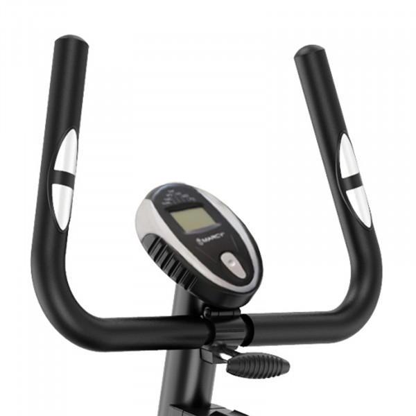 Close-up of the LCD console and handlebars on the Marcy Arrow Compact Upright Exercise Bike