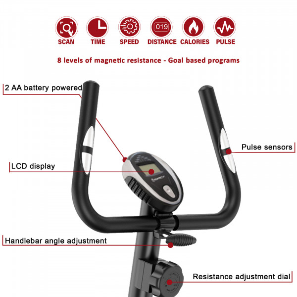 Close-up of the LCD console, pulse sensors and resistance adjustment dial on the Marcy Arrow Compact Upright Exercise Bike