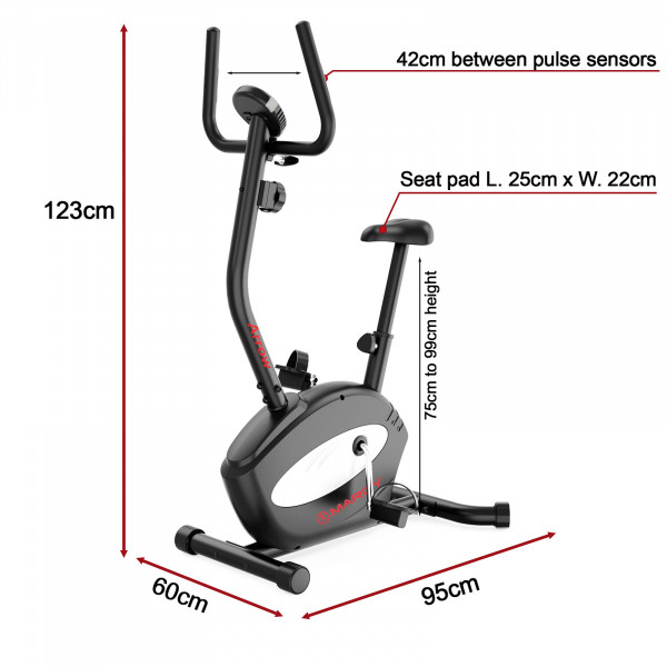 Dimensions of the Marcy Arrow Compact Upright Exercise Bike with seat height measurements