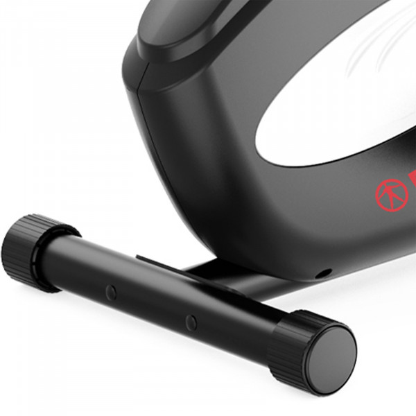 Close-up of the front stabiliser bar with transport rollers on the Marcy Arrow Compact Upright Exercise Bike