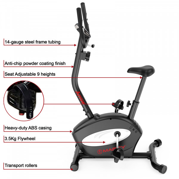 Key features of the Marcy Arrow Compact Upright Exercise Bike including adjustable seat, flywheel and transport rollers