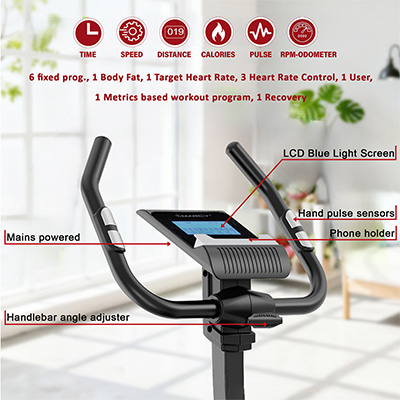 LCD console with workout programmes, pulse sensors and phone holder on the Marcy Acceleron Electro Magnetic Exercise Bike 