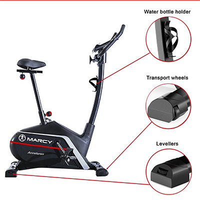 Marcy Acceleron Electro Magnetic Exercise Bike with water bottle holder, transport wheels and adjustable levellers 