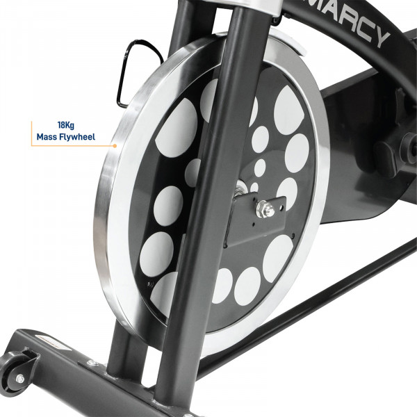 Close-up of the 18 kg flywheel on the Marcy 7038 Studio Bike