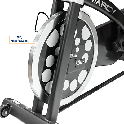 Close-up of the 18 kg flywheel on the Marcy 7038 Studio Bike 