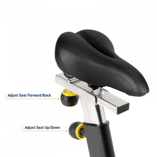 Adjustable bike seat with fore-aft and height adjustment on the Marcy 7038 Studio Bike