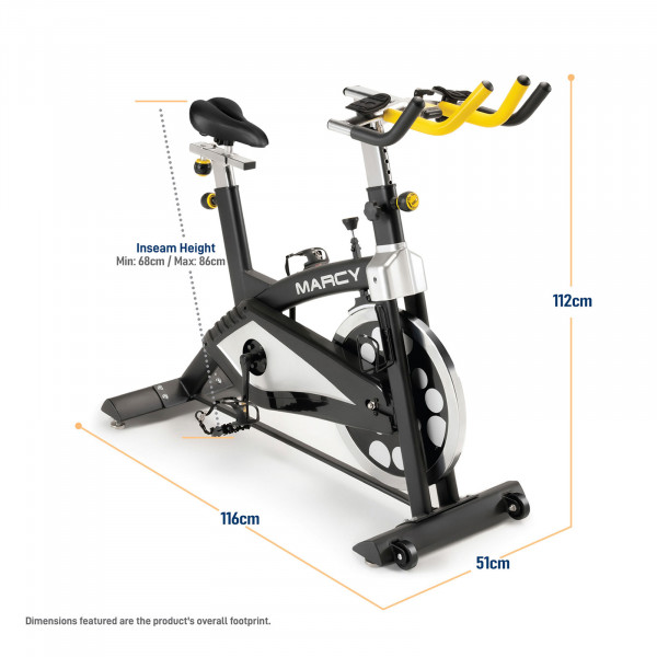 Marcy 7038 Studio Bike dimensions showing overall footprint and rider fit range
