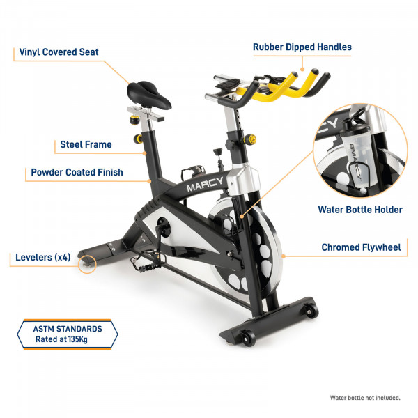 Marcy 7038 Studio Bike highlighting frame construction, flywheel, handlebars and bottle holder