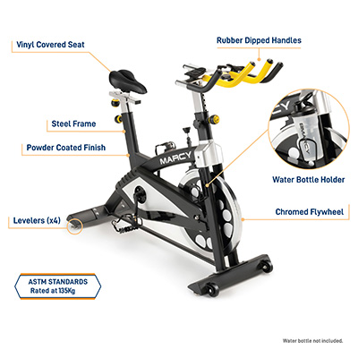 Marcy 7038 Studio Bike highlighting frame construction, flywheel, handlebars and bottle holder 