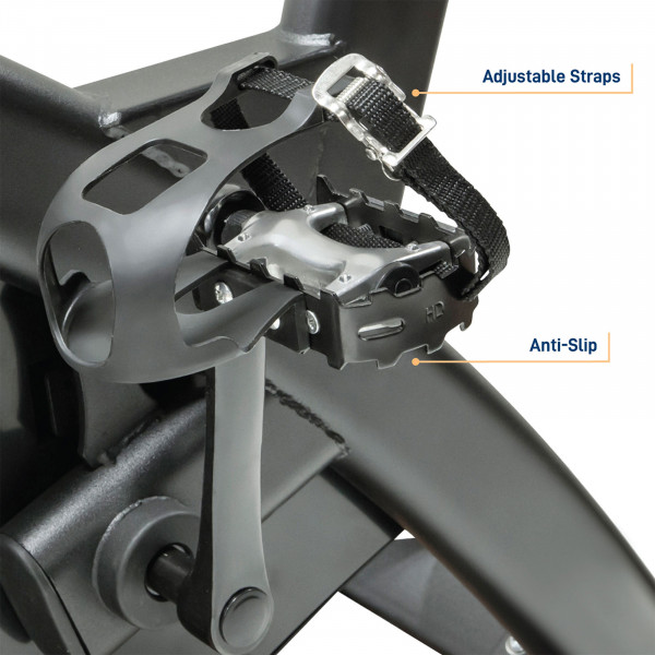 Pedal with adjustable toe cage and anti-slip surface on the Marcy 7038 Studio Bike