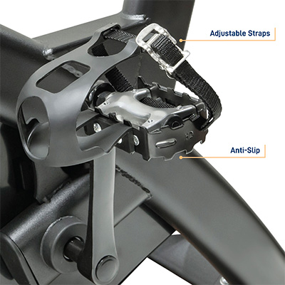 Pedal with adjustable toe cage and anti-slip surface on the Marcy 7038 Studio Bike 