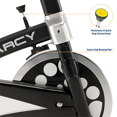 Resistance control knob and quick-stop braking system on the Marcy 7038 Studio Bike 