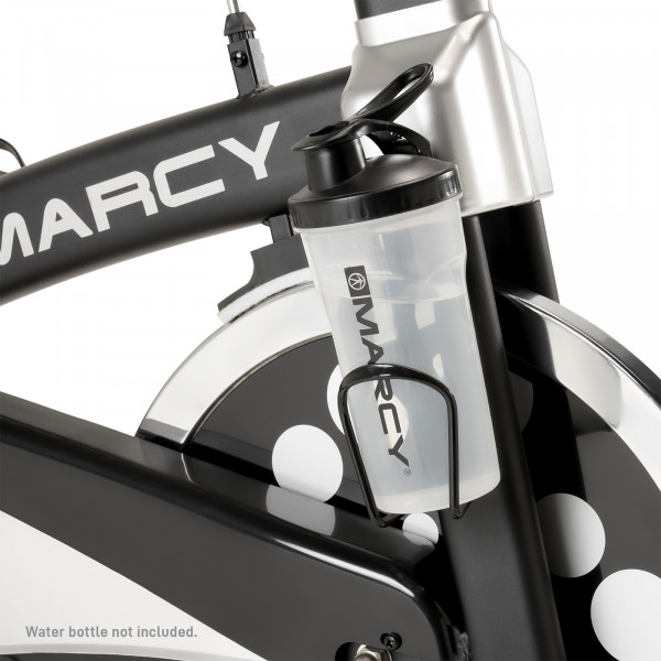 Integrated water bottle holder mounted on the Marcy 7038 Studio Bike frame