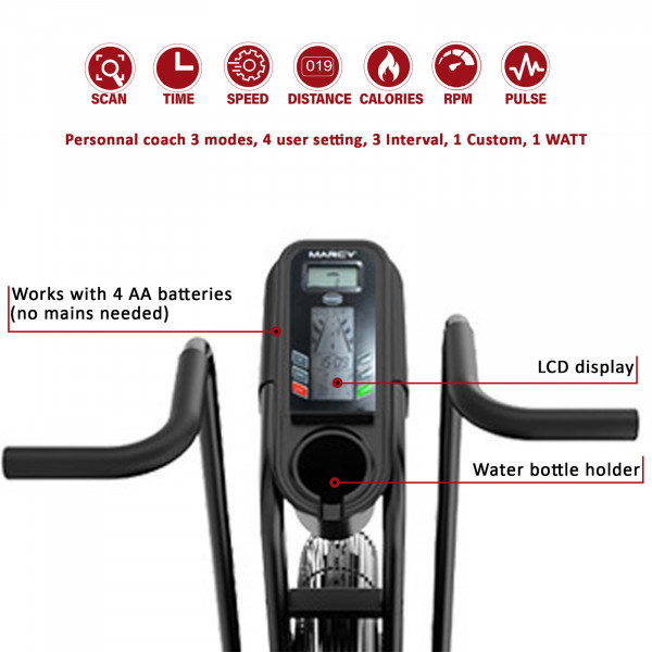 Marcy CardioBlast Premium Home Assault Bike console with LCD display, workout modes and bottle holder