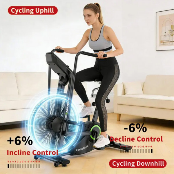 Model riding the Cardioblast Air Bike with incline and decline adjustment graphics shown on the image