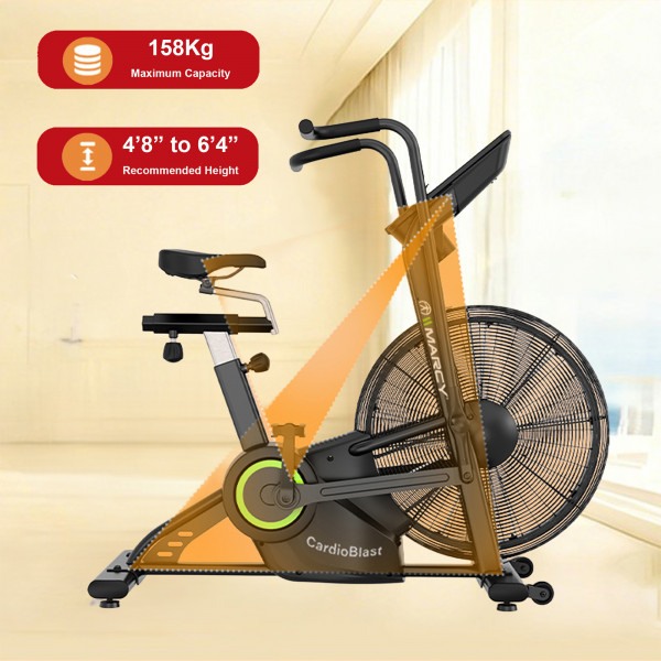 Marcy CardioBlast Premium Home Assault Bike showing recommended user height range and maximum user weight capacity