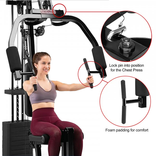 Image of a model using the chest press arms of the Marcy MKM-81030 Home Gym